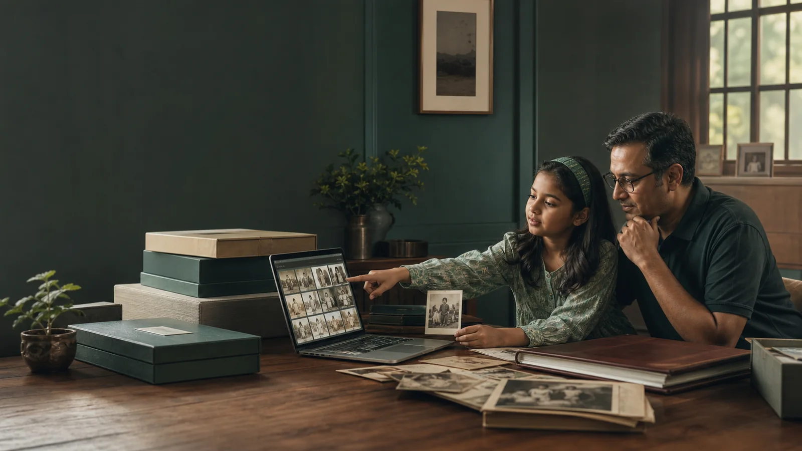 A father and daughter exploring an organized family photo collection